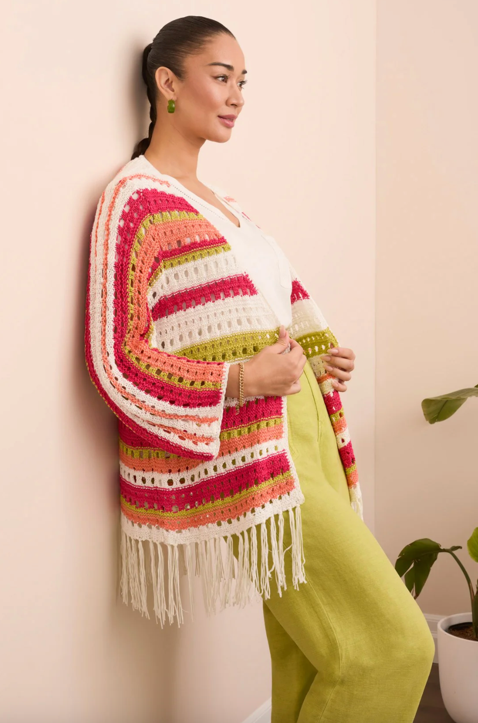 3/4 Sleeve Fringed Hem Open Stitch