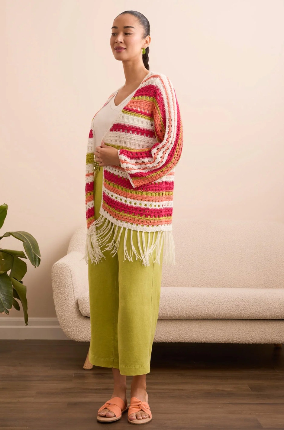 3/4 Sleeve Fringed Hem Open Stitch