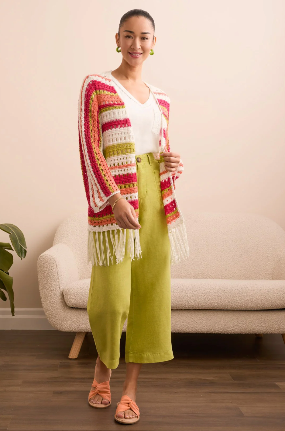 3/4 Sleeve Fringed Hem Open Stitch