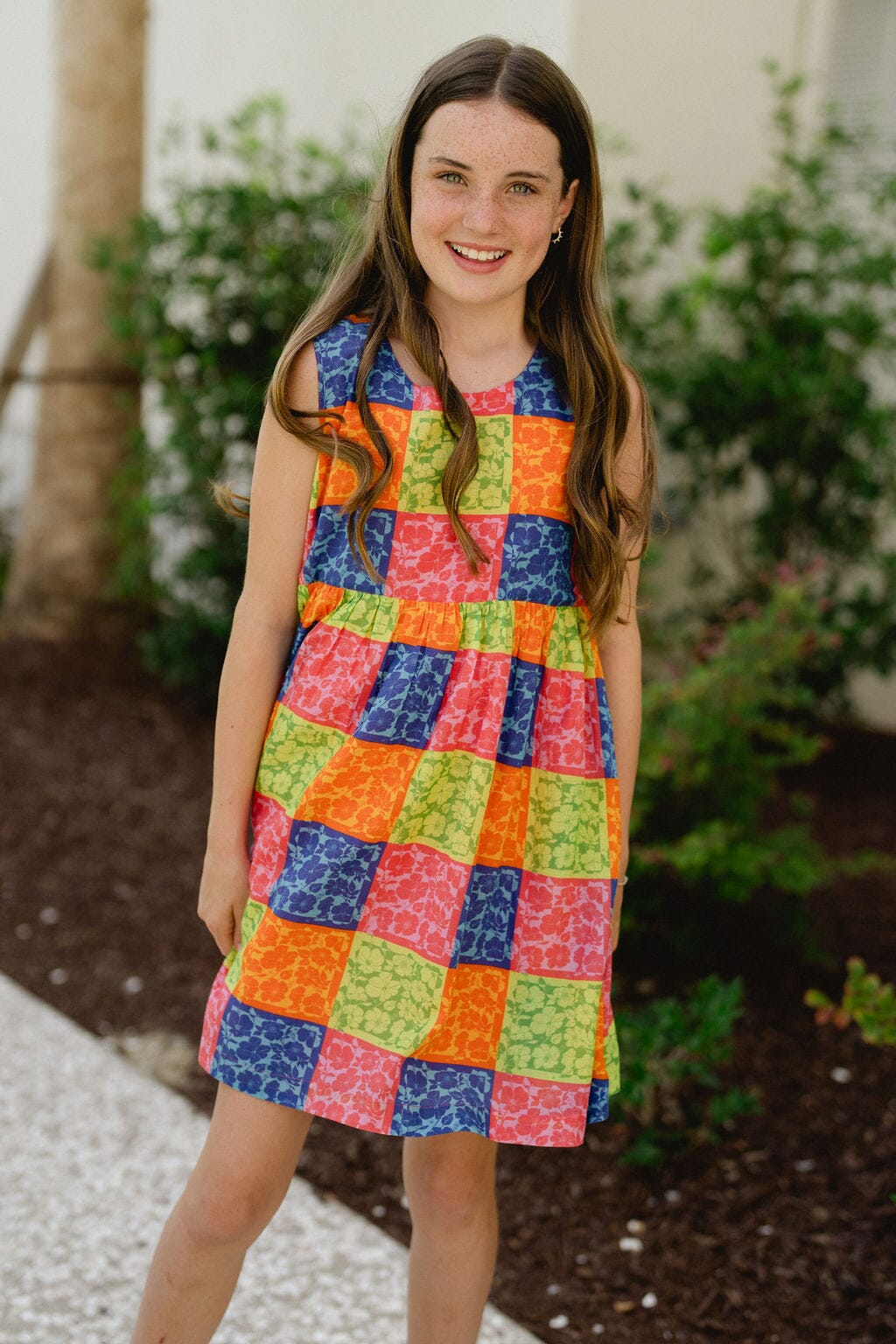 Girls Collins Sequin Pocket Dress- Gingham Floral