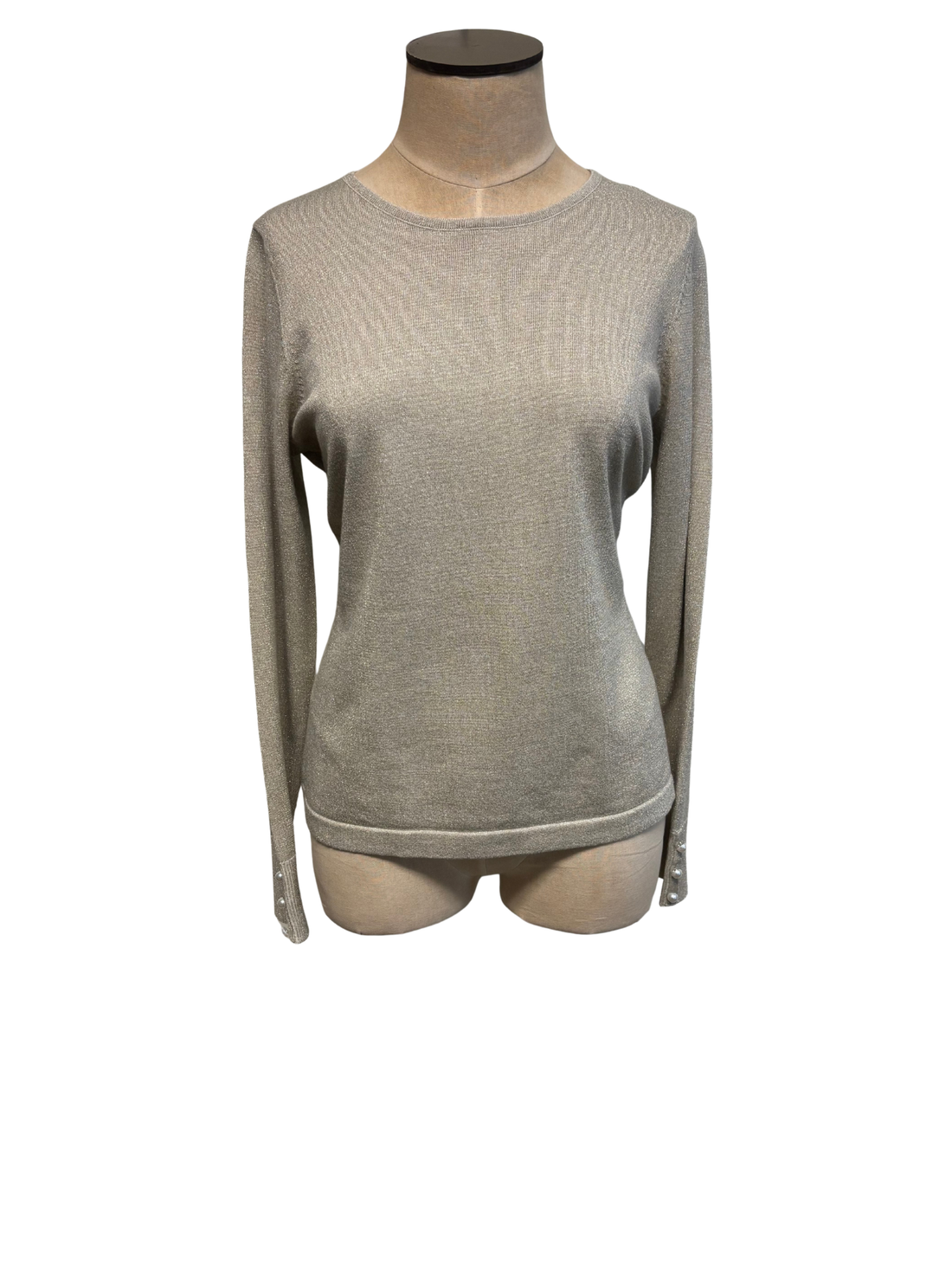 Long Sleeve Gold Shimmer Crew Neck with Pearl Buttons on the Cuffs