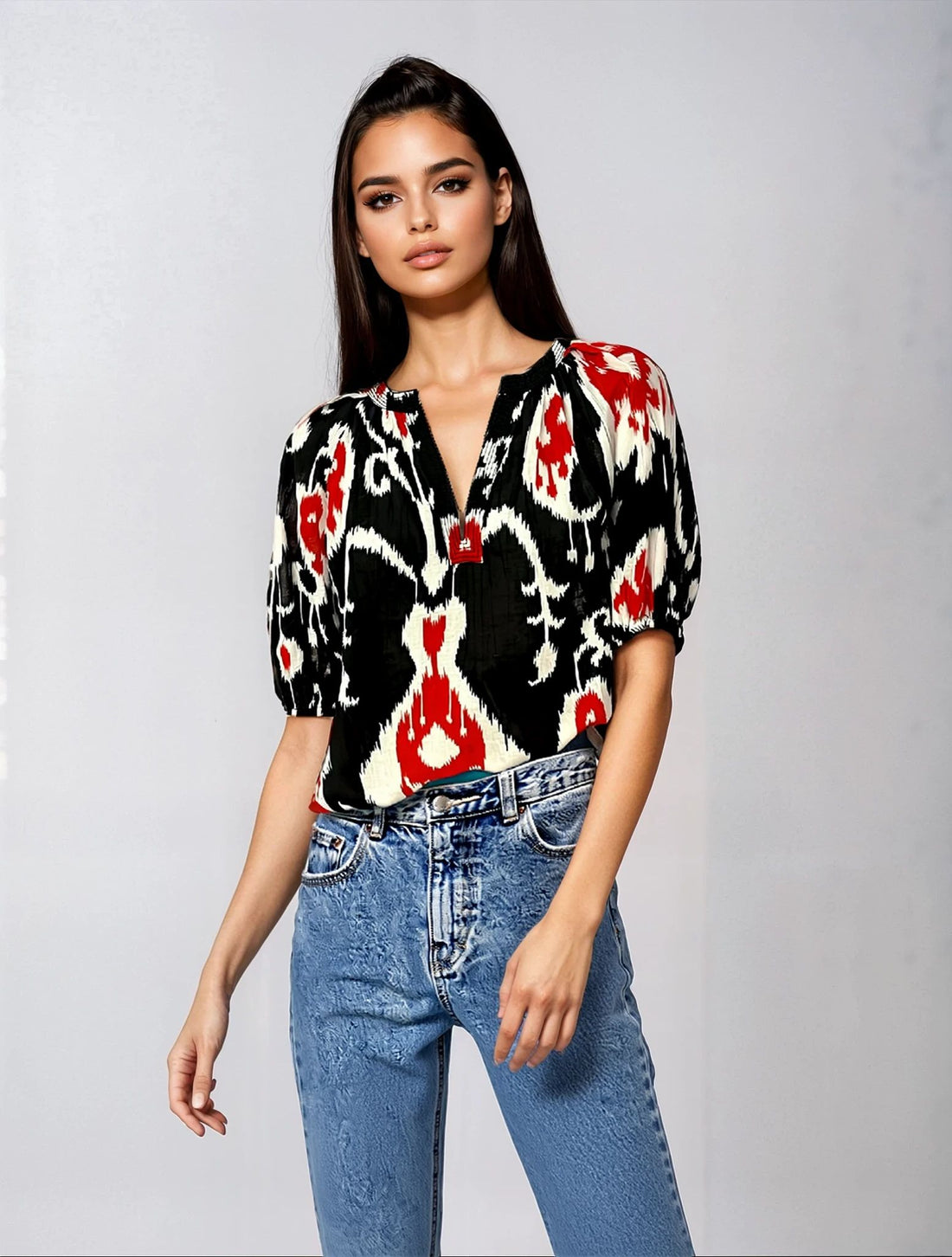Ikat Print Top Black