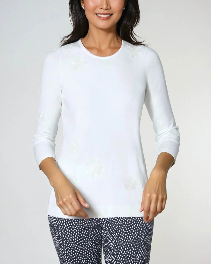 The Ischia Floral Beaded 3/4 Sleeve White on White
